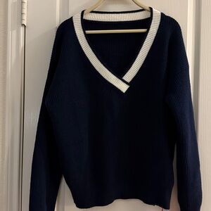 Cider Navy and White V-Neck Sweater